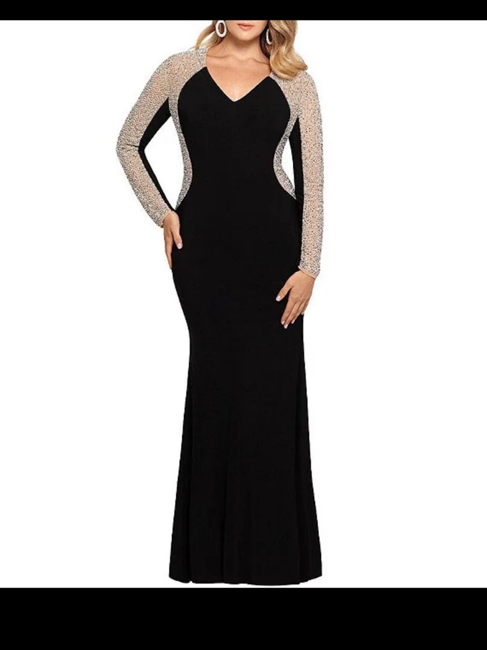 Xscape Elegant Black Evening Gown with Champagne Beaded Sleeves 16W
